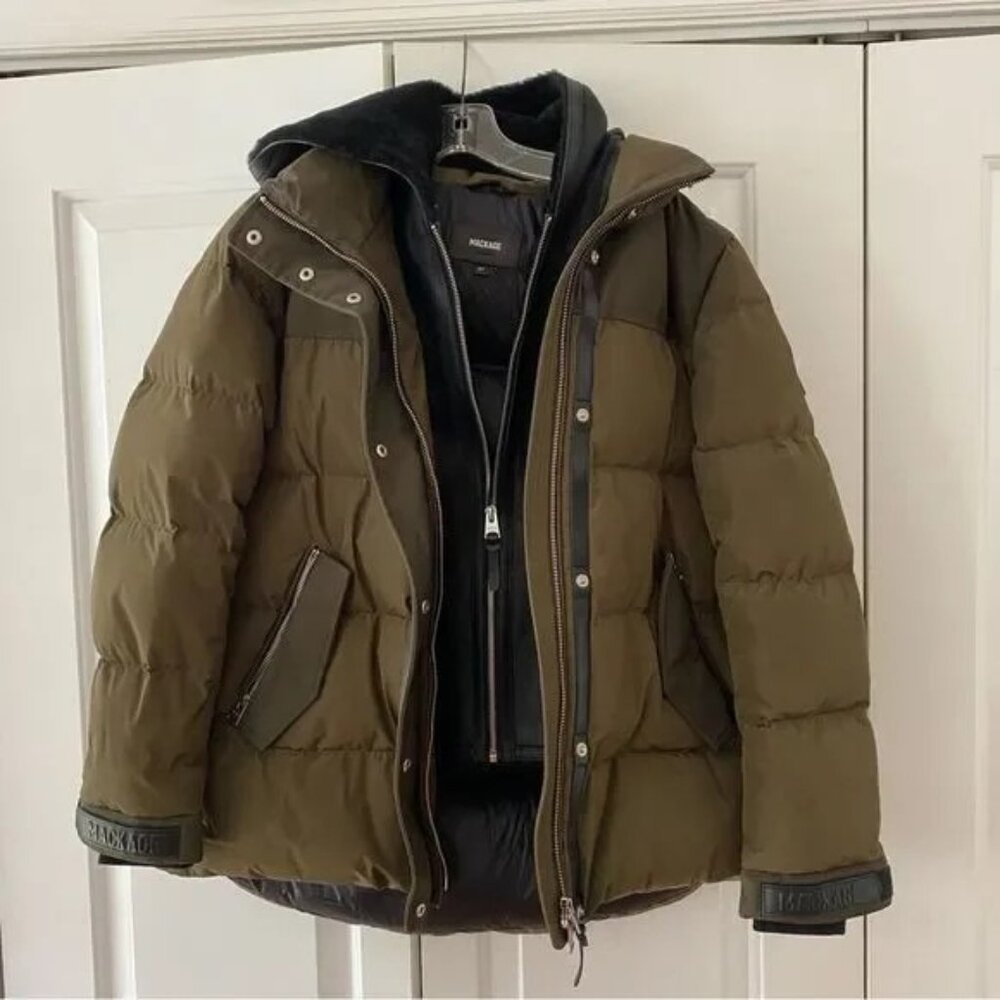 Mackage RILEY Classic Down Jacket with Removable Shearling bib / Army / Size S